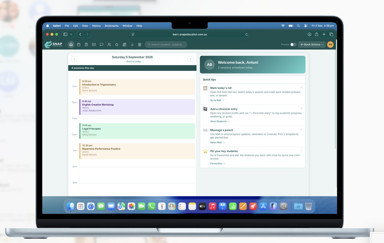 The Snap Education platform showing a tutor’s day of sessions