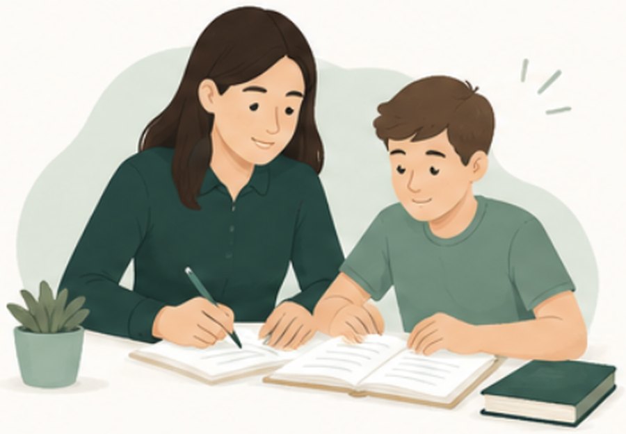A tutor working through a book with a student at a desk