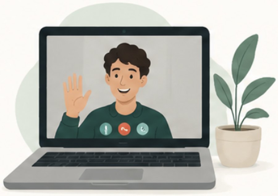 A tutor waving at the start of an online session on a laptop